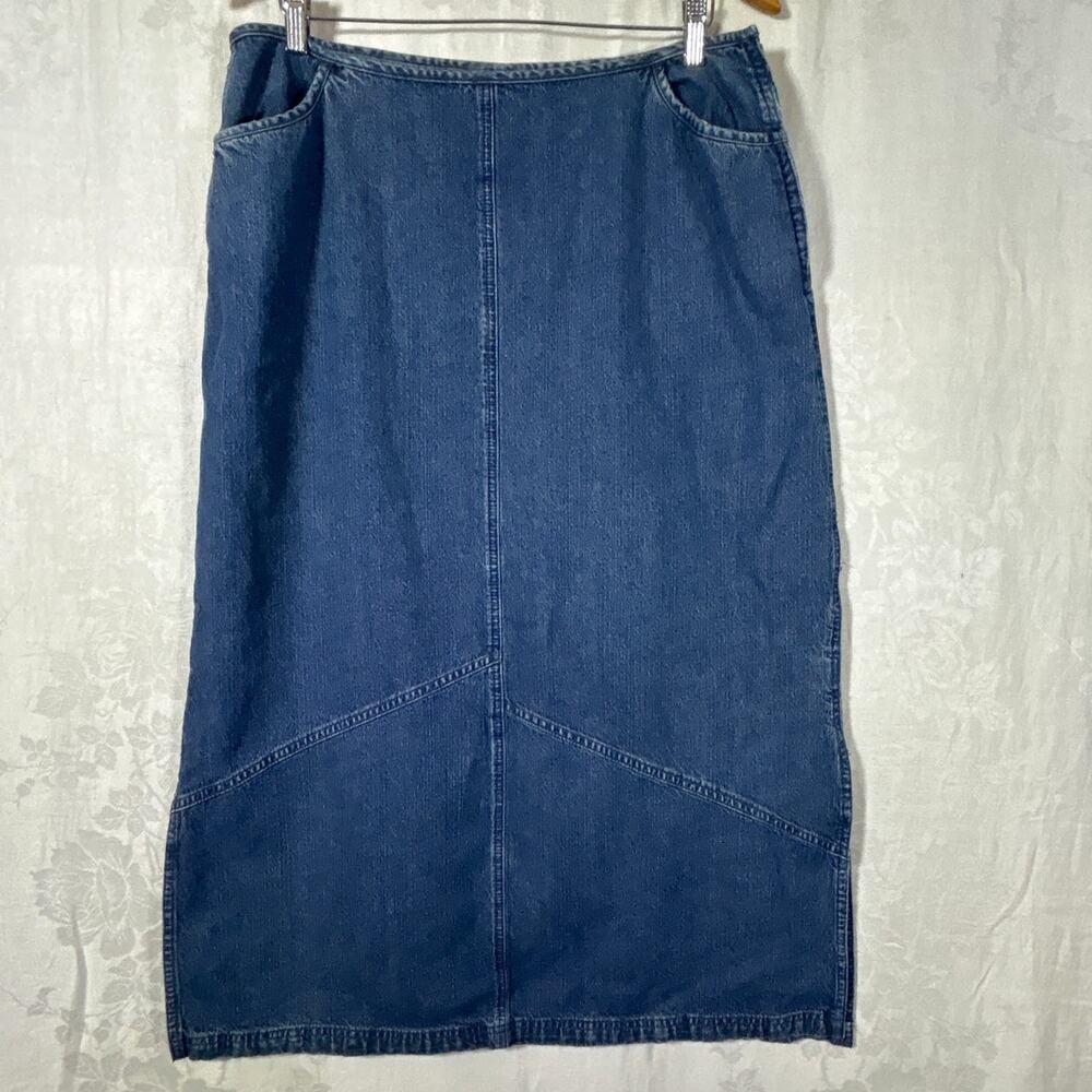 Vintage Denim Maxi Skirt 16 Blue Jean Side Slits Asymmetrical Cotton Modest - Picture 1 of 10